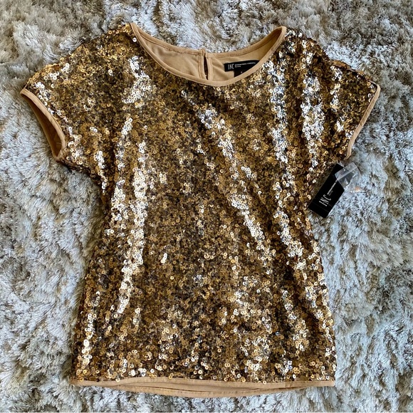 INC Champagne Gold Sequin Top NWT Size Small - Picture 3 of 7